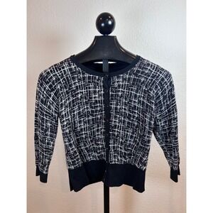 White House Black Market Black White Grid Cardigan Sweater Womens Medium M
